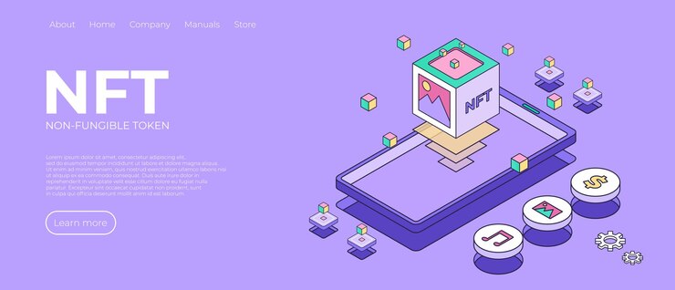 Vector página de inicio de diseño de tema nft ilustración de concepto abstracto de nft en diseño isométrico blockchain de token no fungible o mercado en teléfono inteligente diseño de ilustración vectorial