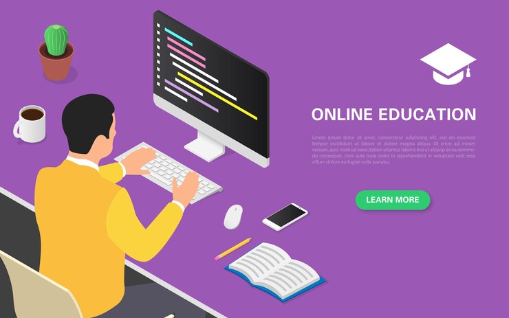 Vector página de inicio de educación en línea. un hombre está realizando un curso de programación.
