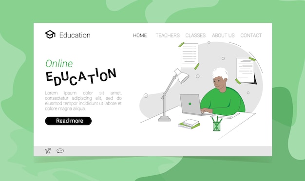 Página de inicio de educación en línea con un niño que estudia con una computadora. Ilustración de vector de estilo plano.