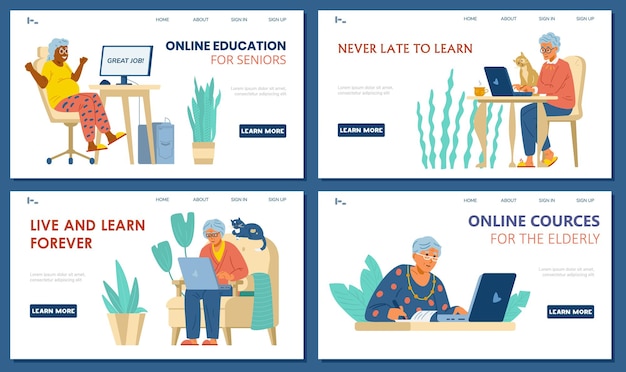 Vector página de inicio de educación en línea para personas mayores mujeres mayores en computadoras que aprenden a distancia