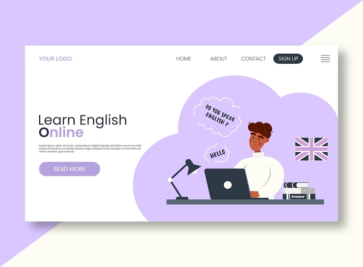Vector página de inicio para la escuela de inglés en línea personaje de hombre que estudia en una computadora portátil a través de internet