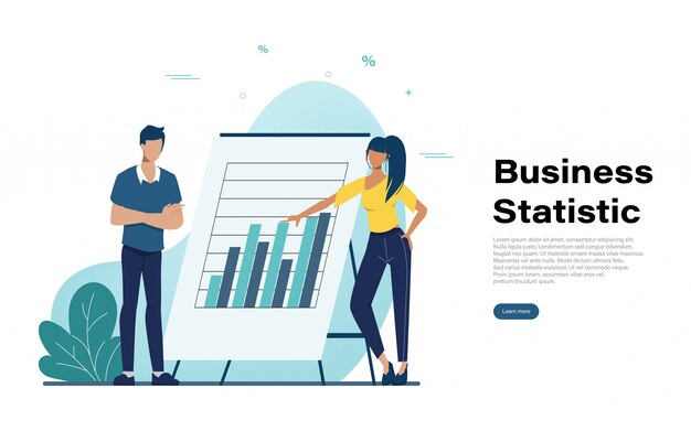 Vector página de inicio de estadística empresarial con carácter de personas.