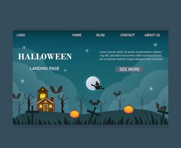 página de inicio de halloween en diseño plano con fondo de gradación azul oscuro