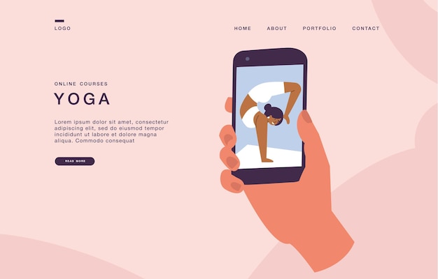 Página de inicio de ilustraciones vectoriales con teléfono de mano con aplicación de apertura para ejercicios de yoga Cursos de yoga en línea