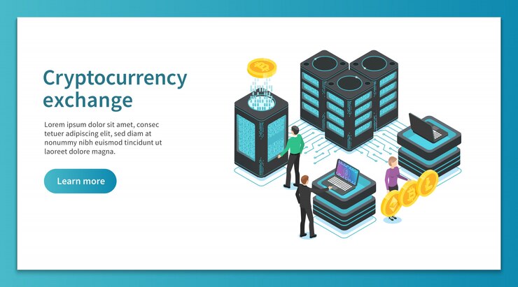 Vector página de inicio de intercambio de criptomonedas. minería de personas, intercambiando plataforma criptográfica. mercado de pagos en línea isométrico