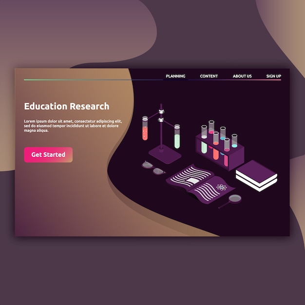 Página de inicio de investigación educativa en estilo isométrico