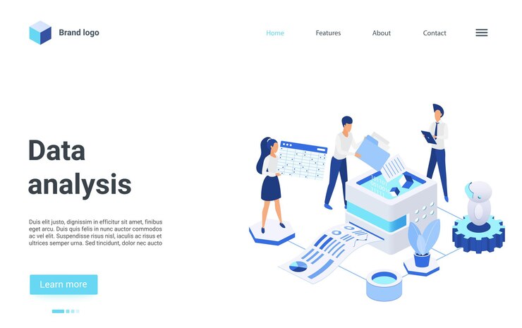 Vector página de inicio isométrica de análisis de datos, analistas 3d que trabajan en informes de estadísticas financieras
