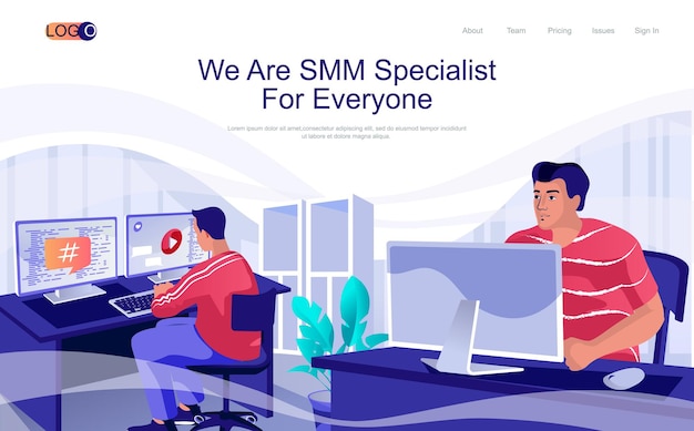 Página de inicio isométrica del concepto de especialista en SMM Las personas que trabajan en computadoras crean contenido