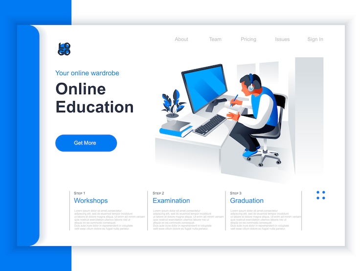 Vector página de inicio isométrica de educación en línea. hombre joven que estudia con la computadora en la situación del lugar de trabajo. educación a distancia, seminario web en línea, cursos profesionales y diseño plano de perspectiva de desarrollo de habilidades