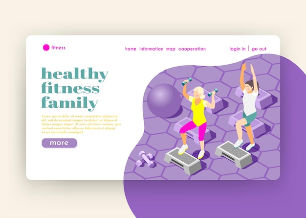 Página de inicio isométrica de fitness familiar saludable con personajes femeninos haciendo ejercicios en la sala de gimnasio plana