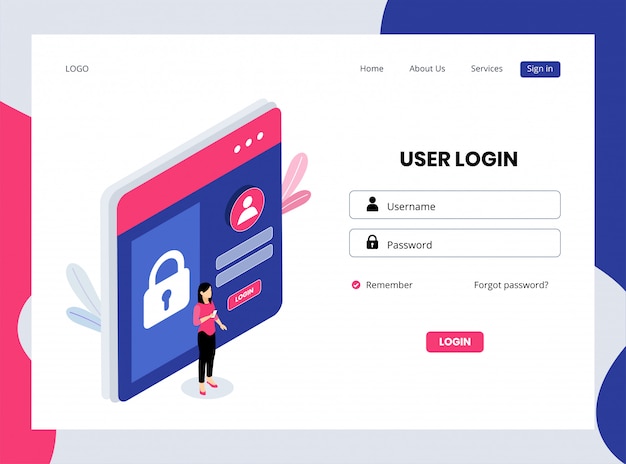 Vector página de inicio isométrica de inicio de sesión de usuario