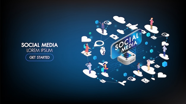 Vector página de inicio isométrica de marketing en redes sociales con carácter. concepto de información publicitaria