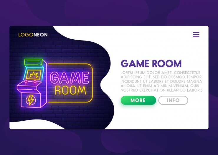 Vector página de inicio de letrero de neón de la sala de juegos