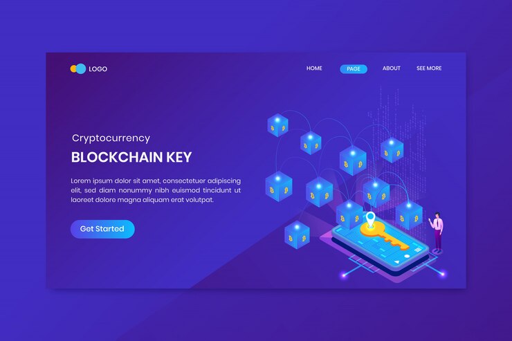 Vector página de inicio de la llave isométrica de bitcoin blockchain