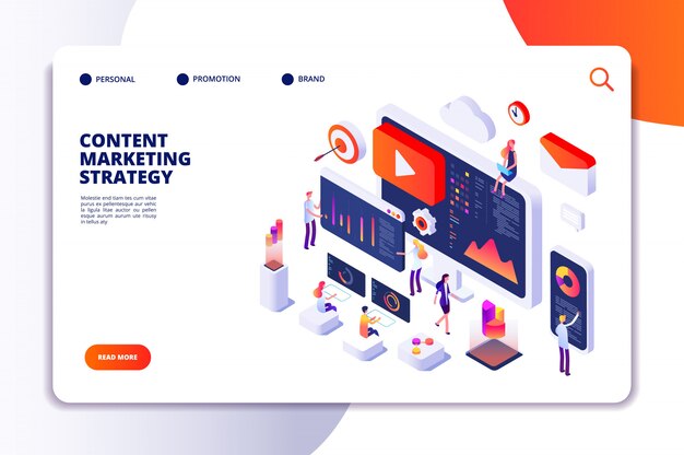 Página de inicio de marketing de contenidos. Especialista en creación de contenidos y escritores de artículos. Servicio de escritura concepto isométrico