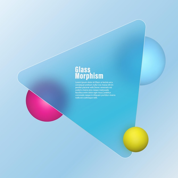 Página de inicio de morfismo de vidrio con triángulo de vidrio transparente Ilustración vectorial con esferas flotantes multicolores borrosas