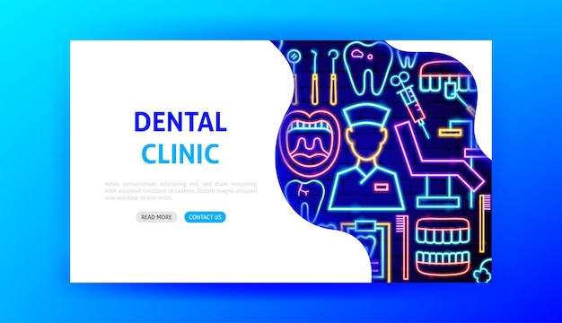 Vector página de inicio de neón de clínica dental ilustración vectorial de promoción de estomatología