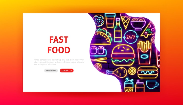 Vector página de inicio de neón de comida rápida. ilustración de vector de banner web de menú de calle.