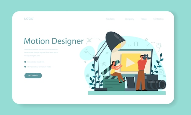 Página de inicio o banner web de diseñador de movimiento o video. Artista crea animación por computadora para proyecto multimedia. Editor de animación, producción.