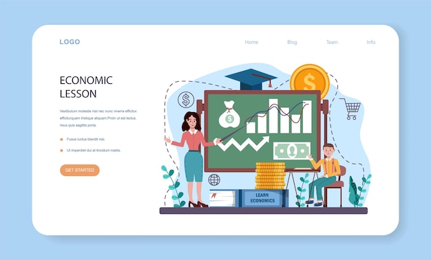 Página de inicio o banner web de materias de la escuela de economía. estudiante que estudia economía global y dinero. idea de capital empresarial, inversión y presupuesto. ilustración vectorial en estilo de dibujos animados