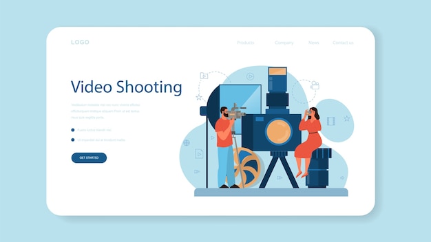 Página de inicio o banner web de producción de video o camarógrafo. Industria cinematográfica y cinematográfica. Realización de contenido visual para redes sociales con equipamiento especial.