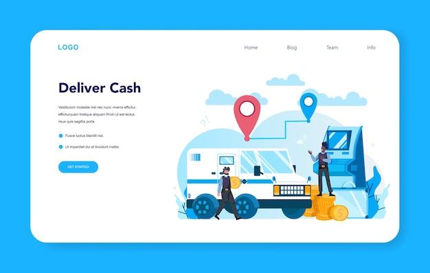 Página de inicio o banner web de seguridad de camiones blindados de efectivo. Dinero