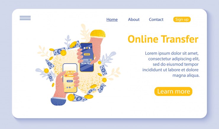 Página de inicio o plantilla web para el concepto de transferencia en línea con la mano que sostiene el teléfono inteligente y presione el botón Enviar