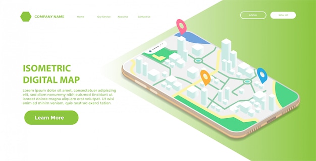 Página de inicio o plantilla web con ilustración isométrica del mapa digital móvil