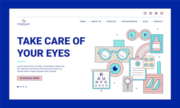 Vector página de inicio de oftalmólogo de esquema de diseño plano