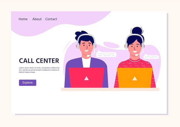 Página de inicio del operador del centro de llamadas para web. Trabajadores de oficina sonrientes con personajes de dibujos animados de auriculares. Atención al cliente, operador de línea directa, gerente de consultoría, atención al cliente, asistencia telefónica.