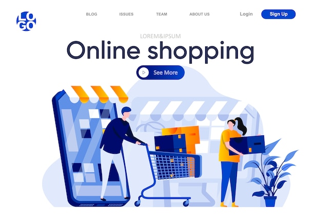 Vector página de inicio plana de compras en línea. compras con aplicación móvil, pareja con carro lleno de ilustración de compras. composición de la página web del mercado de internet con personajes de personas.