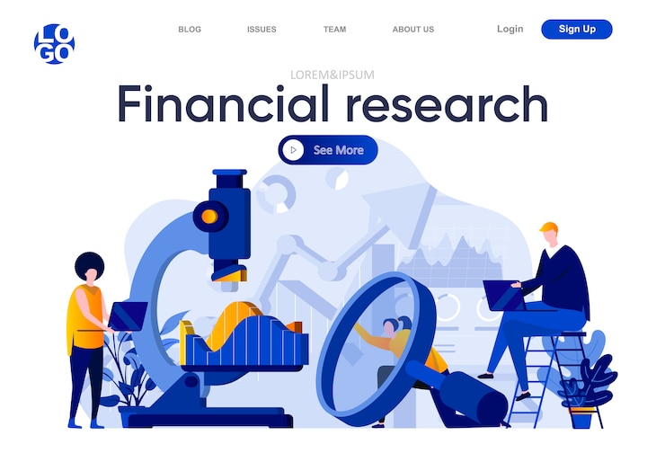 Vector página de inicio plana de investigación financiera. equipo de analistas de negocios estudiando cuidadosamente la información con lupa y microscopio ilustración. composición de la página web con personajes de personas.