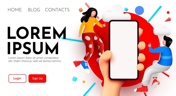 Vector página de inicio plantilla de banner moderno con personas pequeñas y diseño de aplicaciones móviles para teléfonos inteligentes gigantes concepto de desarrollo de interfaz de usuario aplicaciones de creación de personas pequeñas