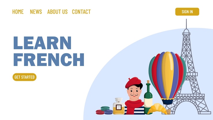 Vector página de inicio de plantilla publicidad para escuelas de cursos de idiomas aprender francés europa