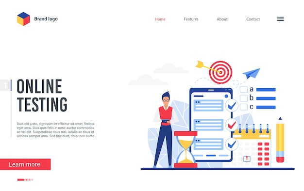 Página de inicio de la plataforma de prueba en línea, hombre que usa la aplicación de teléfono para la encuesta del formulario de prueba del examen