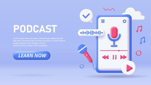 Página de inicio de podcast 3D Contenido interesante y archivos de audio Reproductor para escuchar música y listas de reproducción de canciones favoritas Afiche o banner para sitio web Ilustración vectorial isométrica de dibujos animados