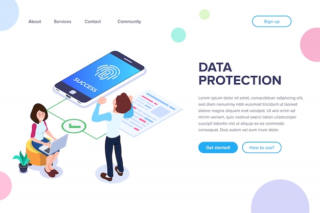 Página de inicio de protección de datos isométrica