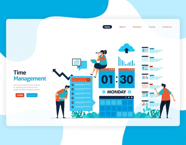 Página de inicio del proyecto de gestión del tiempo y planificación de trabajos, Planificar y gestionar el trabajo a tiempo, Falta de tiempo en los negocios, Trabajar con tiempo.
