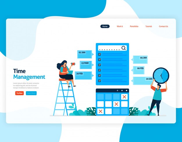 Página de inicio del proyecto de gestión del tiempo y planificación de trabajos, Planificar y gestionar el trabajo a tiempo, Falta de tiempo en los negocios, Trabajar con tiempo.
