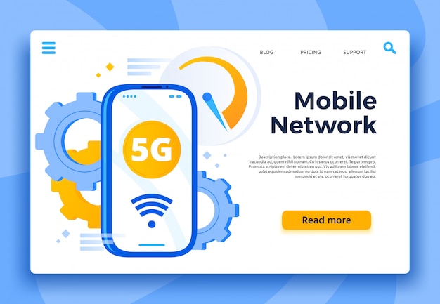 Página de inicio de red móvil 5G. Sistema de comunicación, conexión celular e internet rápido para ilustración de teléfonos inteligentes