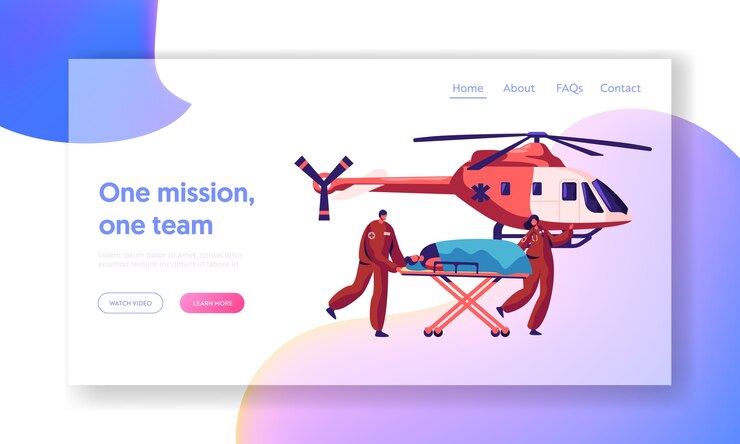 Vector página de inicio de rescate de medicina profesional. personaje herido de transporte urgente médico en helicóptero al sitio web o página web del hospital para atención médica. ilustración de vector de dibujos animados plana