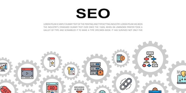 Página de inicio de SEO con iconos de colores Fondo de concepto de sitio web de vector de optimización de motores de búsqueda