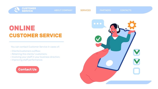 Vector página de inicio de servicio al cliente comentarios en línea plantilla de diseño de interfaz de sitio web asistencia empresarial chatbot móvil centro de llamadas línea directa de la empresa servicio de ayuda de internet concepto vectorial