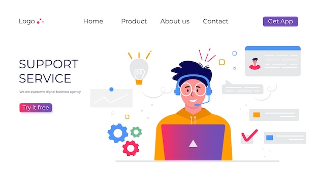 Página de inicio del servicio de atención al cliente. concepto con hombre con auriculares y micrófono con laptop. tema empresarial y comunicación digital para asistencia, call center. vector de moda