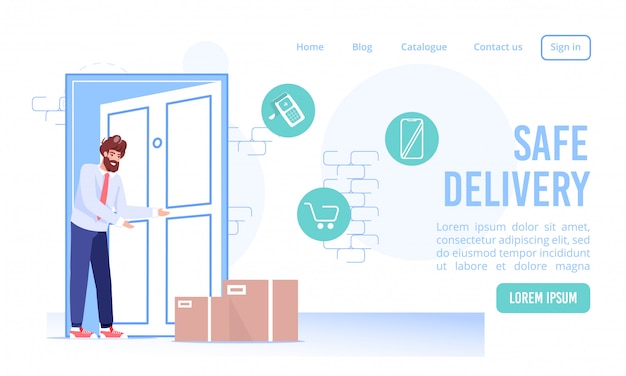 Página de inicio del servicio de entrega segura sin contacto rápida. Paquete de caja de cartón en la entrada. Cliente recibiendo pedido. Compras en línea, pagos, envío de mercancías a través de la aplicación de teléfono inteligente. Tecnología digital