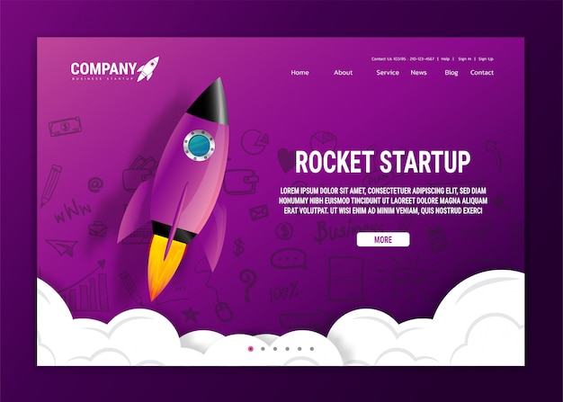 Vector página de inicio del sitio web de aterrizaje con cohete. proyecto empresarial de puesta en marcha y desarrollo moderno.
