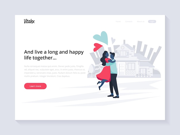 Página de inicio para el sitio web de citas con pareja plana enamorada caminando por la ciudad