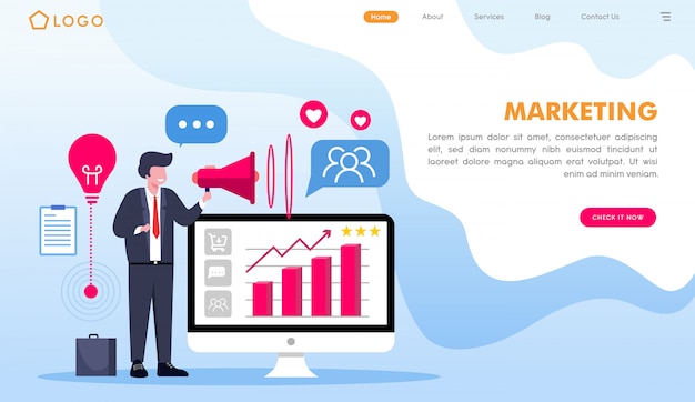 Página de inicio del sitio web de marketing en estilo plano