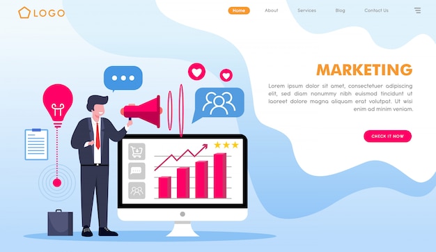 Página de inicio del sitio web de marketing en estilo plano