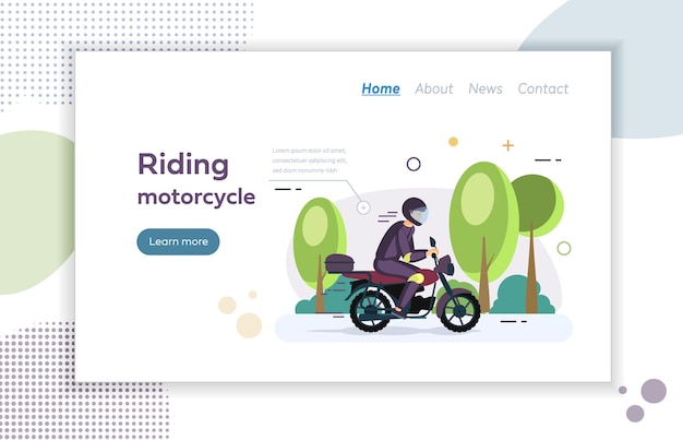 Vector página de inicio del sitio web de montar en moto joven montando motocicleta hombres viajando con cascos